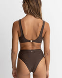 Rhythm Classic Crop Top in Chocolate brown back view showing the seamless rear paneling layout and smooth continuous solid fabric drape, sold by Point Break Cambridge local family surf shop at 63 Duke street.