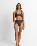 Rhythm Classic Crop Top in Chocolate brown front view showing the elegant neckline and relaxed flowing cropped silhouette, sold by Point Break Cambridge local family surf shop at 63 Duke street.