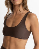 Rhythm Classic Crop Top in Chocolate brown side profile view highlighting the clean cropped hemline cut and comfortable low profile side seam construction, sold by Point Break Cambridge local family surf shop at 63 Duke street.