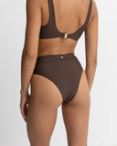 Rhythm Classic Hi Waste Pant in Chocolate brown bikini swimsuit bottoms back view showing the seamless rear paneling layout and comfortable full coverage cut, sold by Point Break Cambridge local family surf shop at 63 Duke street.