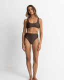 Rhythm Classic Hi Waste Pant in Chocolate brown bikini swimsuit bottoms front view showing the smooth stretch finish and flattering high waisted silhouette, sold by Point Break Cambridge local family surf shop at 63 Duke street.