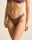 Rhythm Dotti Hi Cut Pant in Cafe brown bikini swimsuit bottoms close up view highlighting the premium smooth swim fabric weave quality seam detailing and subtle logo details, sold by Point Break Cambridge local family surf shop at 63 Duke street.