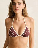 Rhythm Dotti Tri Top in Cafe brown bikini swimsuit close up view highlighting the premium smooth swim fabric texture high quality seam stitching and subtle logo details, sold by Point Break Cambridge local family surf shop at 63 Duke street.