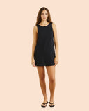 Rhythm Hanalei Mini Dress in Black front view showing the elegant neckline and relaxed flowing mini silhouette, sold by Point Break Cambridge local family surf shop at 63 Duke street.