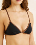 Rhythm Lily Rib Contrast Bralette Top in Black bikini swimsuit close up view highlighting the premium textured rib fabric weave contrast trim detailing and subtle brand tag, sold by Point Break Cambridge local family surf shop at 63 Duke street.