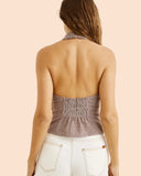 Rhythm London Check Halter Top in Chocolate brown back view showing the open back alignment and premium adjustable fabric tie closures, sold by Point Break Cambridge local family surf shop at 63 Duke street.