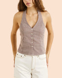 Rhythm London Check Halter Top in Chocolate brown close up view highlighting the premium lightweight woven fabric texture, detailed check pattern, and woven brand tag, sold by Point Break Cambridge local family surf shop at 63 Duke street