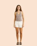 Rhythm London Check Halter Top in Chocolate brown front view showing the elegant halter neckline and relaxed flowing sleeveless checkered drape, sold by Point Break Cambridge local family surf shop at 63 Duke street.