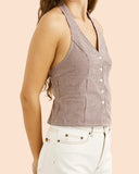 Rhythm London Check Halter Top in Chocolate brown side profile view highlighting the comfortable low-profile armhole cut and clean hem stitching, sold by Point Break Cambridge local family surf shop at 63 Duke street.