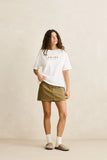 Front view of the women's Rhythm Mila Raglan t-shirt in Vintage White showing the contrast baseball-style sleeves.