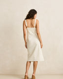 Rhythm Polka Midi Dress in Cream back view showing the premium shoulder strap alignment and smooth continuous polka dot fabric drape, sold by Point Break Cambridge local family surf shop at 63 Duke street.