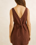 Rhythm Venice Mini Dress in Chocolate brown back view showing the premium shoulder strap alignment and smooth continuous solid fabric drape, sold by Point Break Cambridge local family surf shop at 63 Duke street.