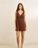 Rhythm Venice Mini Dress in Chocolate brown front view showing the elegant neckline and relaxed flowing mini silhouette, sold by Point Break Cambridge local family surf shop at 63 Duke street.