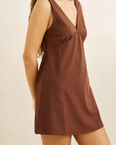 Rhythm Venice Mini Dress in Chocolate brown side profile view highlighting the clean hemline cut and comfortable low profile side seam construction, sold by Point Break Cambridge local family surf shop at 63 Duke street.