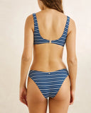 Rhythm Vista Stripe Crop Top in Dark Blue back view showing the seamless rear paneling layout and smooth continuous fabric stripe drape, sold by Point Break Cambridge local family surf shop at 63 Duke street.