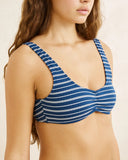 Rhythm Vista Stripe Crop Top in Dark Blue side profile view highlighting the clean cropped hemline cut and comfortable low profile side seam construction, sold by Point Break Cambridge local family surf shop at 63 Duke street.