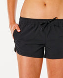 Close-up detail of the recycled performance fabric texture and adjustable drawcord on the Rip Curl boardshorts.