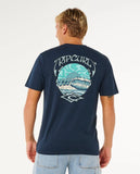 Person wearing a navy blue Rip Curl t-shirt with a graphic design on the back.