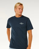 Close-up detail of the premium organic cotton fabric texture and durable ribbed crew collar on the dark navy Rip Curl tee.