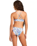Roxy RG Active Moves Swim Set Pack in Marina back view highlighting the comfortable fitted rashguard construction, coordinating printed bikini top with adjustable straps, matching swim bottoms and flexible recycled polyester stretch fabric, sold by Point Break Cambridge local family surf shop at 63 Duke Street.