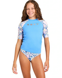Roxy RG Active Moves Swim Set Pack in Marina front view showcasing the three-piece girls swimwear set with fitted short sleeve rashguard, contrasting printed sleeves, coordinating bralette bikini and vibrant Marina colourway, sold by Point Break Cambridge local family surf shop at 63 Duke Street.