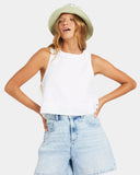 Roxy Womens Amor Top in White front view showing the delicate scoop neckline and relaxed sleeveless fluid summer silhouette, sold by Point Break Cambridge local family surf shop at 63 Duke street.