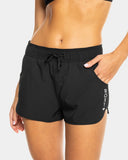 Roxy Womens Wave 2 Inch Board Short in Anthracite front view showcasing the lightweight four-way stretch fabric, comfortable elasticated waistband, adjustable drawcord, practical side entry pockets and timeless charcoal-black colourway, sold by Point Break Cambridge local family surf shop at 63 Duke Street.