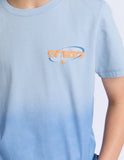 Light blue t-shirt with a logo on a white background. Close up detail of the premium soft blue cotton jersey fabric weave, clean screen-printing, and Saint Goliath interior neck label.