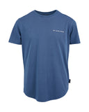 Blue t-shirt with a logo on a white background. Front view of the Saint Goliath Boys STG Essential Tee in Navy showing the classic crew neck, regular fit, and chest branding.