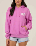 Front view of the violet Salty Crew Women's Freestyle Hoodie showing the relaxed fit, kangaroo pocket, and chest branding print.