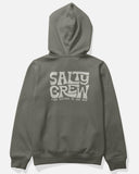 A dark gray hoodie shown from the back, featuring a large white graphic print that reads 'SALTY CREW' with smaller text 'FIND SCHOOL IN THE SEA' underneath, set against a light gray background. Back view of the Salty Crew Freestyle Boys Fleece Hoodie in Dusty Olive highlighting the clean shoulder seams and smooth fleece drape.