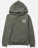 An olive green pullover hoodie with a small white distressed 'SALTY CREW' logo on the left chest, displayed against a light gray background. Front view of the Salty Crew Freestyle Boys Fleece Hoodie in Dusty Olive showing the youth regular fit, kangaroo pocket, and chest print.