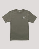 An olive green short-sleeve crewneck t-shirt with a small graphic print on the left chest, displayed flat against a light gray background. Front view of the Salty Crew Omakase Boys Short Sleeve Tee in Dusty Olive showing the youth regular fit, classic crew neck, and small chest print.