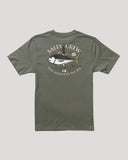 An olive green short-sleeve t-shirt with a graphic print on the back featuring a tuna fish, the text 'SALTY CREW', and 'FIND REFUGE IN THE SEA', displayed against a neutral light gray background. Back view of the Salty Crew Omakase Boys Short Sleeve Tee in Dusty Olive showcasing the large custom fish graphic artwork print.