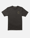 A dark charcoal gray short-sleeve crewneck t-shirt with a small gold circular crest logo printed on the left chest, displayed flat against a light gray background. Front view of the Salty Crew Great White Boys Short Sleeve Tee in Black showing the youth regular fit, classic crew neck, and chest logo print.