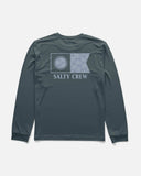 Salty Crew Boys Flagship Fill Long Sleeve Sunshirt in Navy blue back view showing the bold custom youth flagship motif graphic screen print layout clean performance sleeve seams and relaxed straight lower hemline drape, sold by Point Break Cambridge local family surf shop at 63 Duke street.