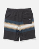 Salty Crew Boys Stripe Volley Shorts in Pirate Black back view showing the secure rear patch pocket layout and premium quick dry performance flatlock perimeter seam stitching, sold by Point Break Cambridge local family surf shop at 63 Duke street.