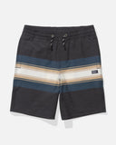 Salty Crew Boys Stripe Volley Shorts in Pirate Black front view showing the comfortable youth elastic waistband adjustment drawcord and timeless horizontal nautical stripe pattern layout, sold by Point Break Cambridge local family surf shop at 63 Duke street.
