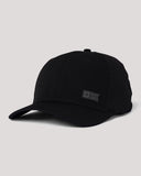 Salty Crew Lowdown Snapback Cap in Black front view showing the structured six-panel crown curved protective visor bill and clean custom marine brand logo patch layout, sold by Point Break Cambridge local family surf shop at 63 Duke street.