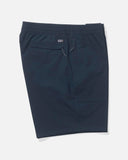 Salty Crew Mens Crew Boardshort Elastic Waist in Navy blue side profile view showcasing the sleek side seam construction flexible split leg hemline rise and comfortable relaxed upper hip fit, sold by Point Break Cambridge local family surf shop at 63 Duke street.
