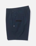 Salty Crew Mens Crew Boardshort Elastic Waist in Navy blue side profile view showcasing the sleek side seam construction flexible split leg hemline rise and comfortable relaxed upper hip fit, sold by Point Break Cambridge local family surf shop at 63 Duke street.