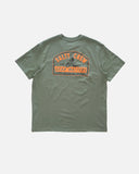 Salty Crew Mens Gear Shop Classic Short Sleeve Tee in Laurel Wreath green back view showing the bold custom gear shop graphic motif screen print layout and relaxed straight lower hemline drape, sold by Point Break Cambridge local family surf shop at 63 Duke street.