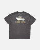 Salty Crew Mens Throttle Classic Short Sleeve Tee in Dark Grey back view showing the bold custom throttle graphic motif screen print layout and relaxed straight lower hemline drape, sold by Point Break Cambridge local family surf shop at 63 Duke street.