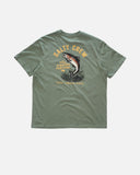 Salty Crew Mens Trout Classic Short Sleeve Tee in Laurel Wreath green back view showing the bold custom trout graphic motif screen print layout and relaxed straight lower hemline drape, sold by Point Break Cambridge local family surf shop at 63 Duke street.