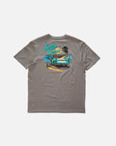 Salty Crew Mens Truck Bed Premium Short Sleeve Tee in Charcoal grey back view showing the bold custom truck bed graphic motif screen print layout and relaxed straight lower hemline drape, sold by Point Break Cambridge local family surf shop at 63 Duke street.