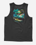 Salty Crew Mens Truck Bed Regular Singlet in Vintage Black back view showing the bold custom truck bed graphic motif screen print layout and relaxed straight lower hemline drape, sold by Point Break Cambridge local family surf shop at 63 Duke street.