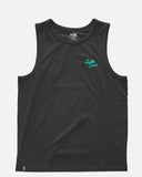 Salty Crew Mens Truck Bed Regular Singlet in Vintage Black front view showing the comfortable relaxed sleeveless tank top silhouette clean bound neckline and small custom chest screen print logo, sold by Point Break Cambridge local family surf shop at 63 Duke street.