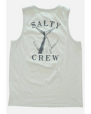 Salty Crew Mens Vintage Tail Regular Singlet in Aqua Grey back view showing the bold custom vintage tail fish graphic motif screen print layout and relaxed straight lower hemline drape, sold by Point Break Cambridge local family surf shop at 63 Duke street.