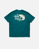 Salty Crew Mens Yellowtailed Classic Short Sleeve Tee in Atlantic Blue marine tone back view showing the bold custom yellowtail graphic motif screen print layout and relaxed straight lower hemline drape, sold by Point Break Cambridge local family surf shop at 63 Duke street.