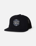 Salty Crew Split Fill Trucker Cap in Black front view showing the structured front fabric panels curved protective visor bill and clean custom split fill marine brand logo layout, sold by Point Break Cambridge local family surf shop at 63 Duke street.